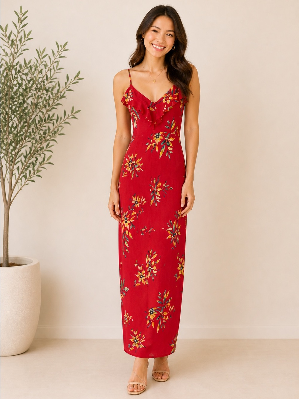 Express ($88 USD) Vibrant Red Floral Maxi Dress Spaghetti Straps Ruffles Boho